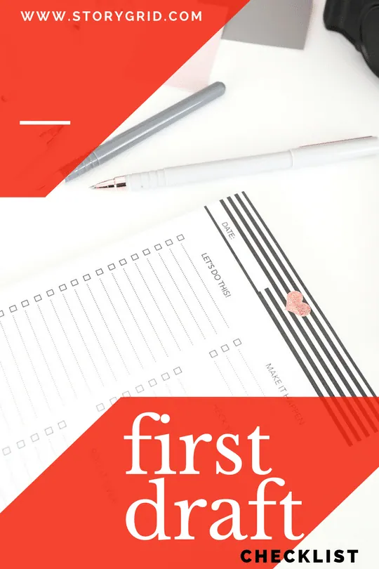 Promo graphic for the downloadable "First Draft Checklist", shown as a blank checklist page with pens.