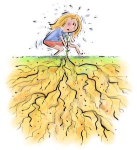 Cartoon blond woman pulling a weed whose root system is enormous